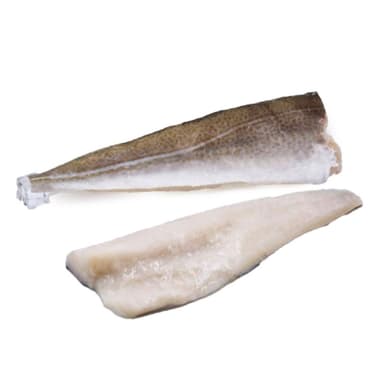 Frozen atlantic cod fillet, skin on, no glaze, 450-900g, ~1kg.