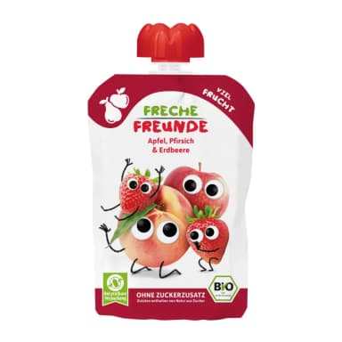 Obuolių, persikų ir braškių tyrelė, nuo 6 mėn., ekologiška