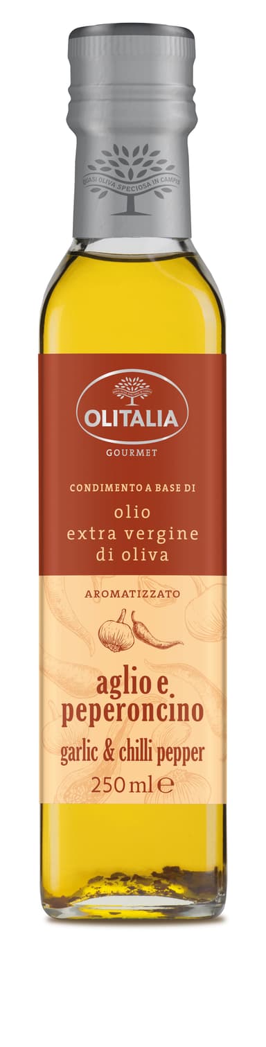 Alyvuogių aliejus OLITALIA, Extra Virgin, su česnakais ir aitriosiomis paprikomis, 250 ml
