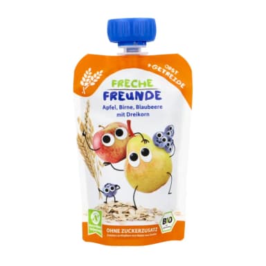 Organic apples, pears, blueberries, and three-grain puree, suitable from 6 months.