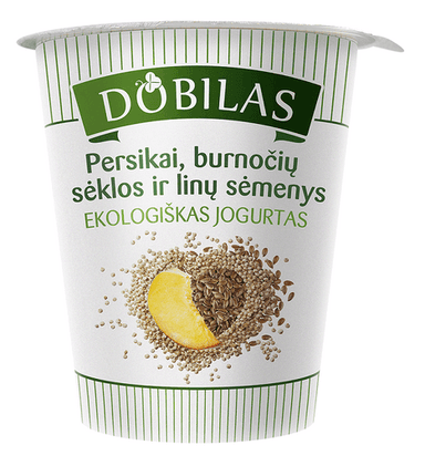 Organic yogurt DOBILAS with peaches, amaranth seeds, flax seeds, 300 g