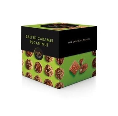Milk chocolate truffles PURE with salted caramel cream filling and pec