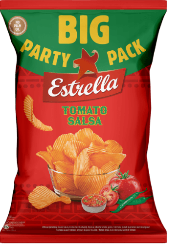 Bulvių traškučiai ESTRELLA, vingiuoto pjaustymo, aštraus pomidorų skonio, 250 g