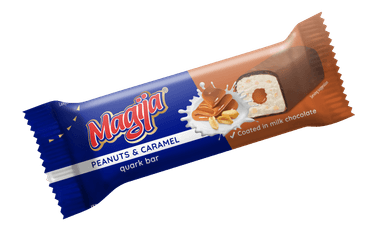 Varškės sūrelis "Magija" su žemės riešutais ir kar. įdaru aplietas pienišku šokoladu,27% rieb., 40g