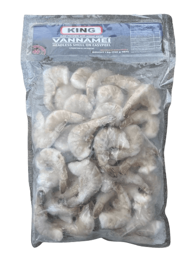 Šaldytos baltakojės blyškiosios krevetės, nevirtos, be galvų, su kiautais, EP,16-20, 25% glaz.,750 g