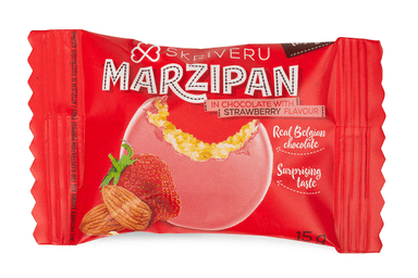 Marzipan candies with strawberry-flavored white chocolate