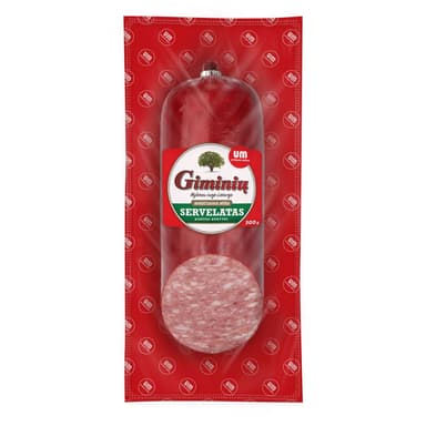 Hot smoked servelat GIMINIŲ, the highest grade, 300 g