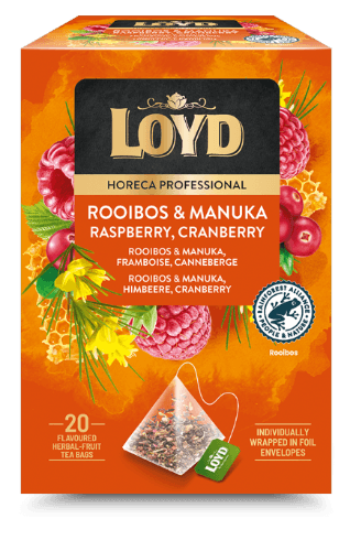 Herbal tea drink LOYD Rooibos with manuka honey, raspberry and cranberry, pyramid, 20 x 2g