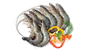 Šaldytos didžiosios tigrinės krevetės, nevirtos, su galvomis, su kiautais, 21/30, 20% glazūros, 1kg