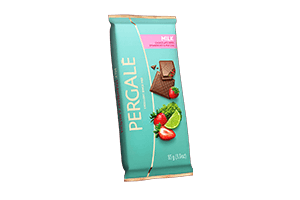 Milk chocolate with strawberry pieces and green lemon matcha PERGALĖ, 85g