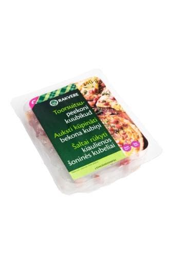 Cold smoked bacon cubes, sliced, 140 g