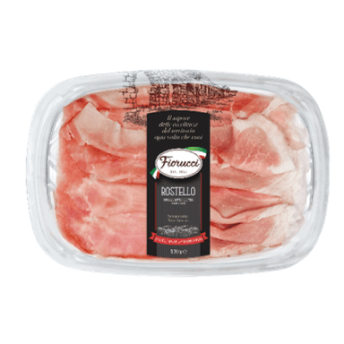 Boiled, cooked pork ham FIORUCCI Rostello, slices, top quality, 130g