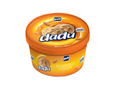 Karamelės skonio grietininiai ledai DADU, su karamelės įdaru ir kepintais migdolais, 800ml/ 440 g