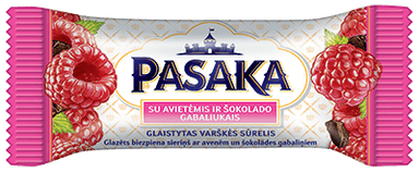 Glazed curd dessert PASAKA with raspberries and chocolate pieces, 23% fat, 45 g