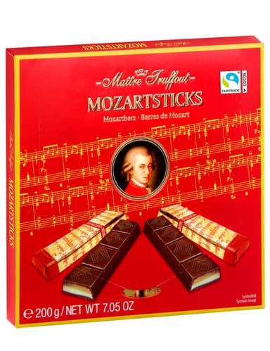Chocolate candies MAITRE TRUFFOUT, Mozartsticks, with marzipan and pis