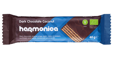 Organic coconut waffle coated in dark chocolate