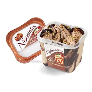 Itališki ledai be glitimo G7 Nocciolato, lazdyno riešutų ir kakavos skonio su riešutiniu sirupu, 500