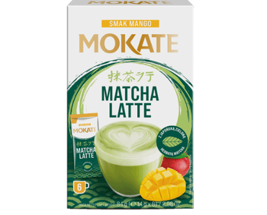 Žaliosios arbatos gėrimas MOKATE latte matcha ir mango skonio, 6 x 14g
