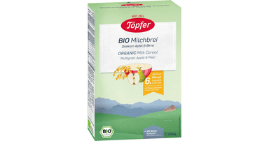 Daugiagrūdė pieniška košė su obuoliais ir kriaušėmis kūdikiams nuo 6 mėn., ekologiška