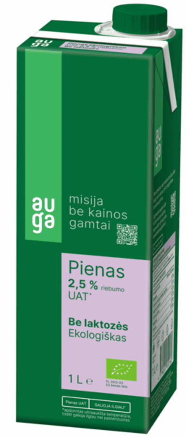 Ekololgiškas AUGA  pienas UAT be laktozės 2,5% riebumo  1L. LT-EKO-001