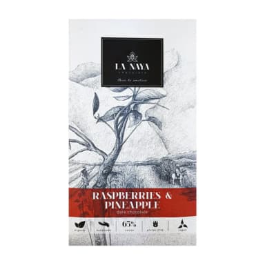 Organic 65% dark chocolate with raspberries and pineapples