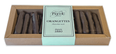 Candied orange peels ORANGETTES coated in dark chocolate