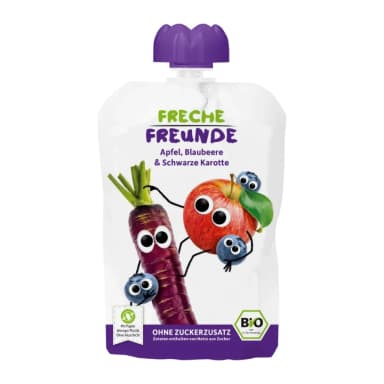 Organic apple, blueberry, and black carrot puree, suitable from 12 months.