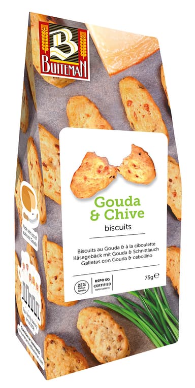 Sūrio sausainiai BUITEMAN, su brandintu Gouda sūriu ir svogūnų laiškais, 75 g