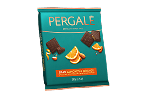 Dark chocolate with crushed caramelized almonds and orange pieces PERGALĖ, 200g