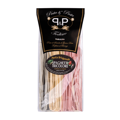 Three-colored spaghetti pasta