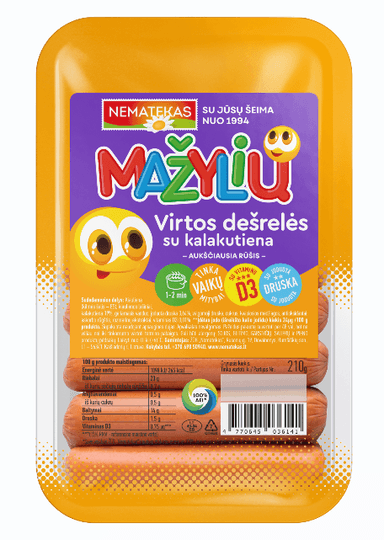 Boiled MAŽYLIŲ sausages, with turkey, vit. D, iodized salt, a.r., 210g