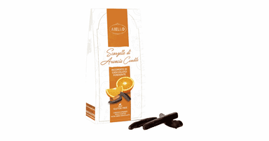 Organic candied orange peel in dark chocolate