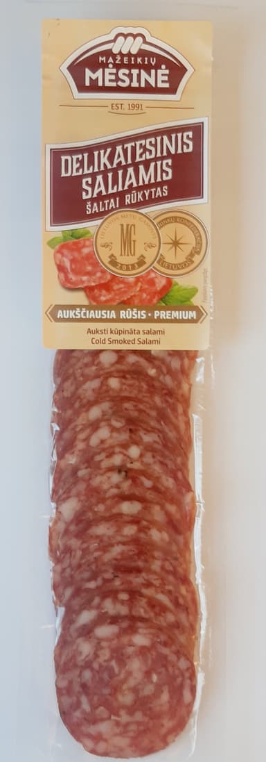 Šaltai rūkyta dešra DELIKATESINIS SALIAMIS pjautyta griežinėliais, A.r., 90 g