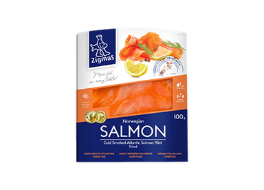 Šaltai rūkyta pjaustyta lašišų filė ZIGMAS, 100 g