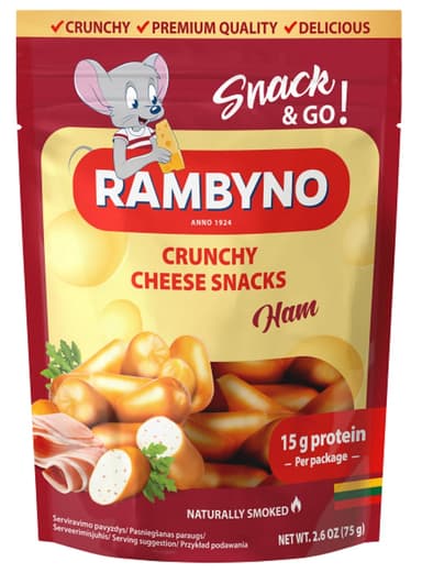 Processed smoked cheese snack RAMBYNO CHEESE SNACKS, with ham, 45%, 75