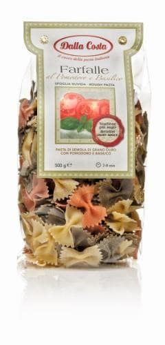 Makaronai DALLA COSTA, kaspinėliai su pomidorais ir bazilikais, spalvoti, 500 g