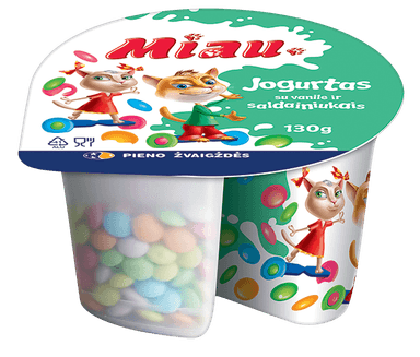Yogurt MIAU, with vanilla and candy, 5.5% r., 130g