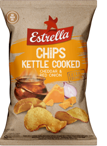 Bulvių traškučiai ESTRELLA KETTLE čederio ir raudonųjų svogūnų skonio, 120g