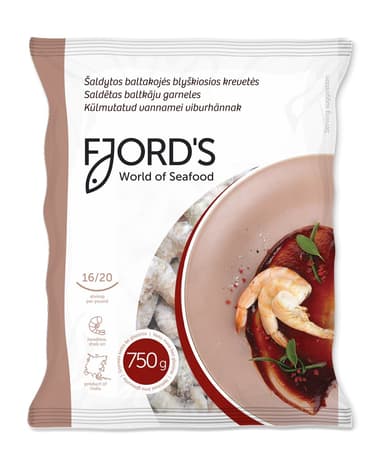 Frozen white leg shrimps FJORD'S, headless, shell on, raw, 16/20, 0,75g