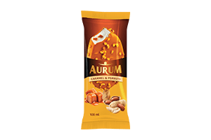 Vanilla-flavored edible ice cream coated with caramel-flavored glaze and peanuts AURUM 100ml