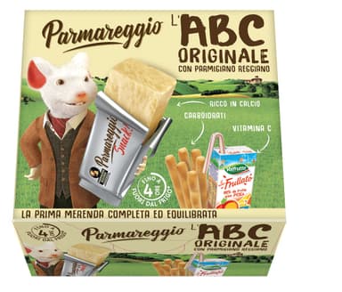 Parmareggio snack ABC, PARMIGIANOcheese bar, semolina stick, peach juice. 162g