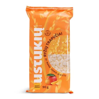 Rice crackers USTUKIU MALŪNAS, with mango-flavored frosting, 90 g