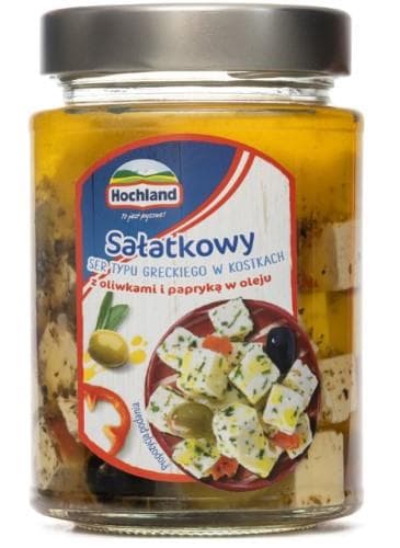 Greek type cheese in oil HOCHLAND, in cubes, w olives & paprika, 300g
