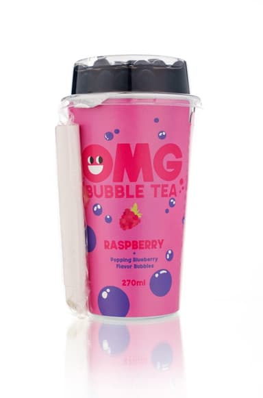 Tea drink OMG, raspberry flavour with blueberry bubbles, 270 ml