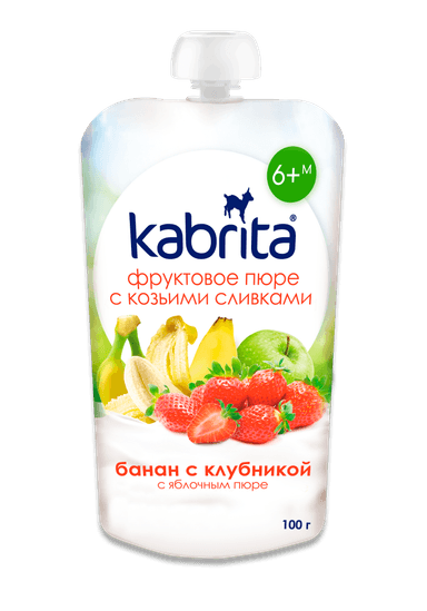 Obuolių, bananų, braškių tyrelė su ožkos pieno grietinėle, nuo 6 mėn.