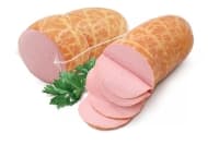 Boiled sausage Krekenavos with a natural casing, vacuum, sawn in half