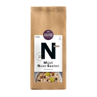 Organic breakfast cereal with nuts, seeds, and raisins