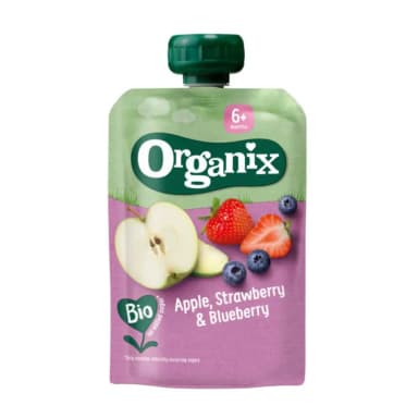 Organic apple, strawberry, and blueberry puree, suitable for 6 months and older
