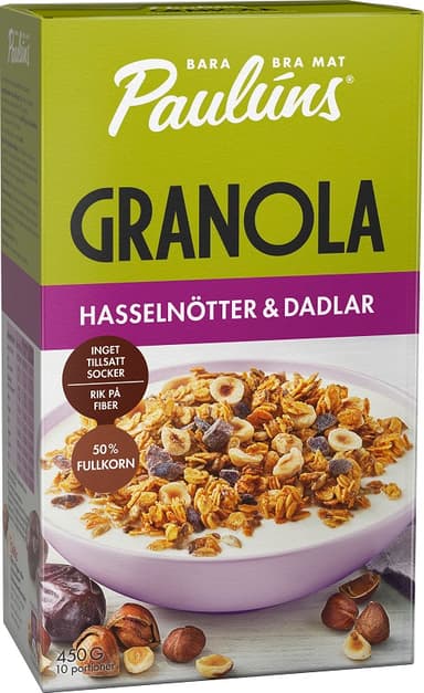 Granola PAULUNS, su lazdyno riešutais, ir datulemis, 450 g