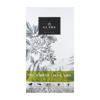 White chocolate with pistachios and 35% crushed cocoa, organic